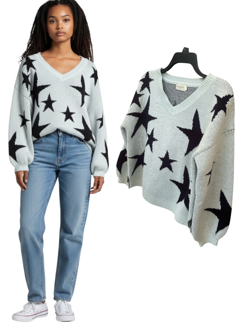 Star Girl Celestial V-Neck Sweater Womens Small Light Blue Black Oversized Knit